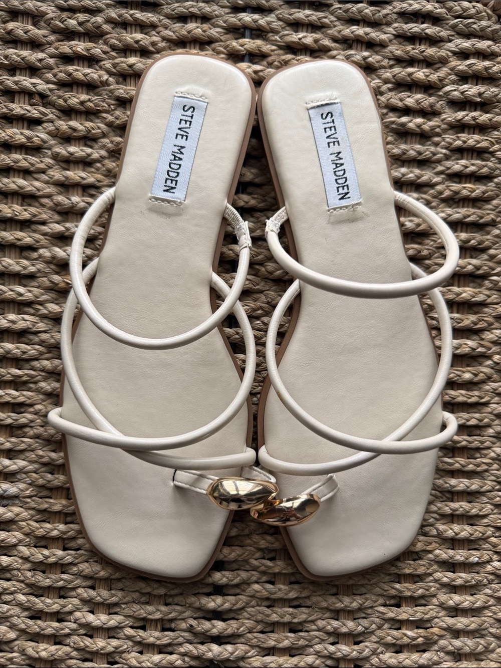 Steve Madden Cream Strappy Slide Sandals with Gold Chain Accent